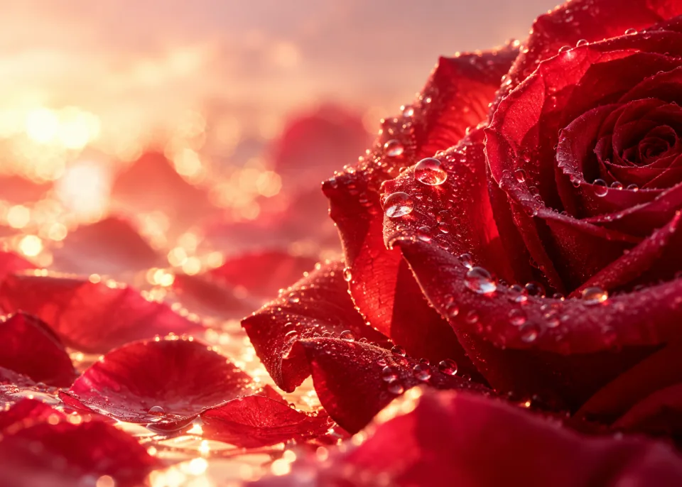 Petal Dew: Macro of deep red rose petals with dewdrops, glowing backlight.