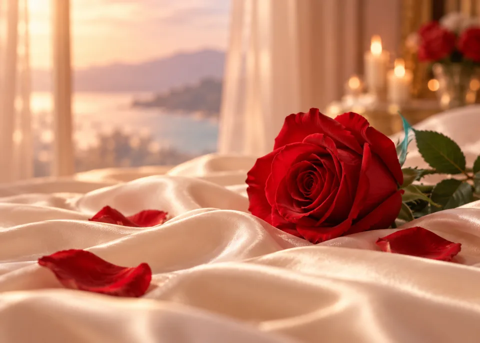 Single Rose: A single red rose lying on cream silk, soft window light, a few loose petals.