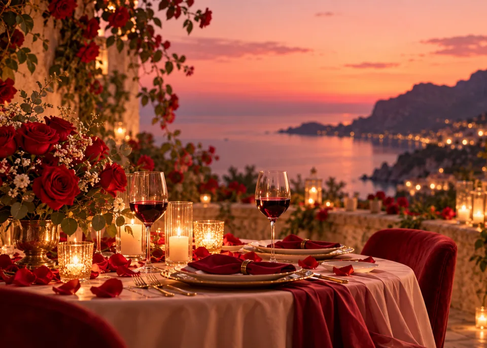 Table for Two: A candlelit table for two with red roses and wine glasses, warm bokeh, nobody there.