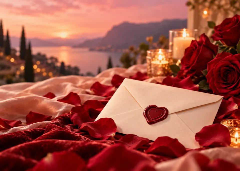 Wax Seal: A blank cream envelope sealed with a red wax heart, resting on scattered rose petals.