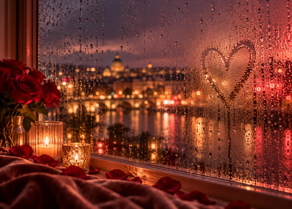 Window Heart: A heart drawn in the condensation on a rainy window at night, city lights blurred beyond.