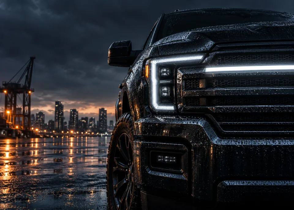 Light Bar: Close-up of an unbadged truck grille with a glowing LED light bar, water droplets, dark background.