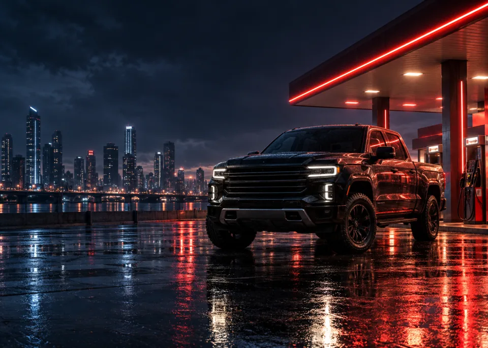 Neon Pump: A full-size pickup at a neon-lit gas station at night, rain on the asphalt, cinematic colour.