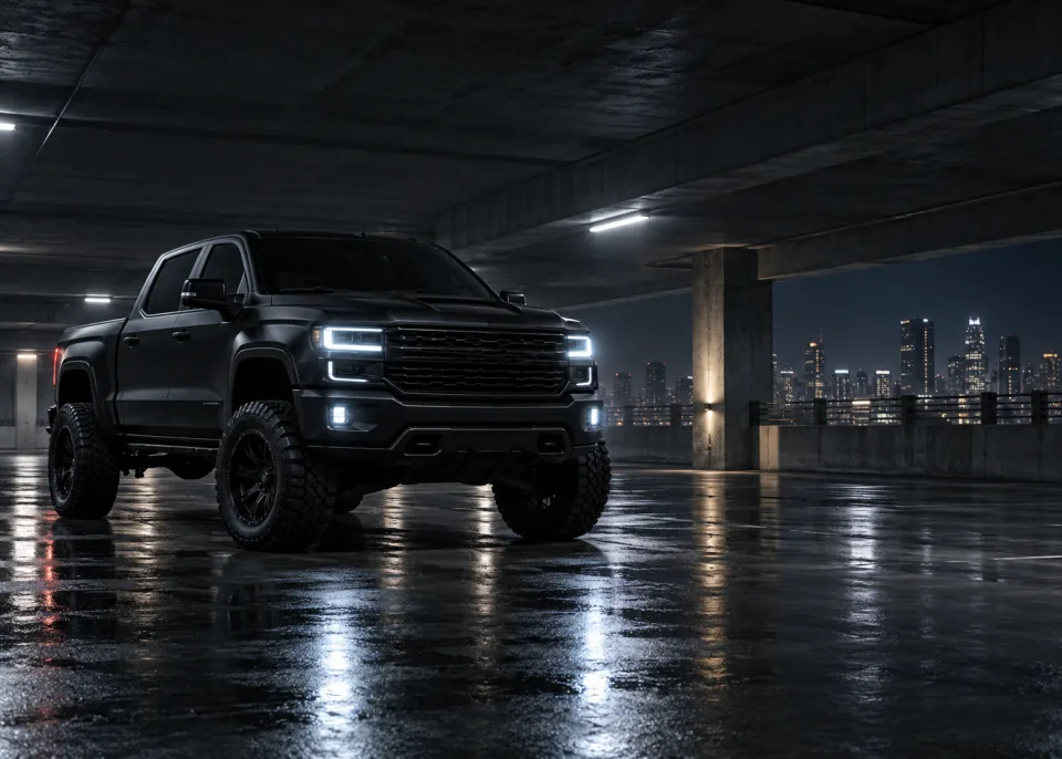Parking Garage: A lifted matte black pickup in an empty concrete parking garage at night, headlights on, wet floor reflections.