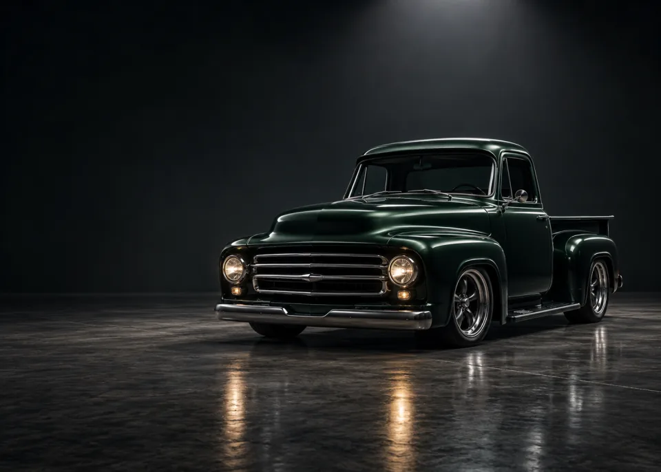 Studio Classic: A restored 1950s-style pickup in a dark studio, single overhead softbox, glossy paint.