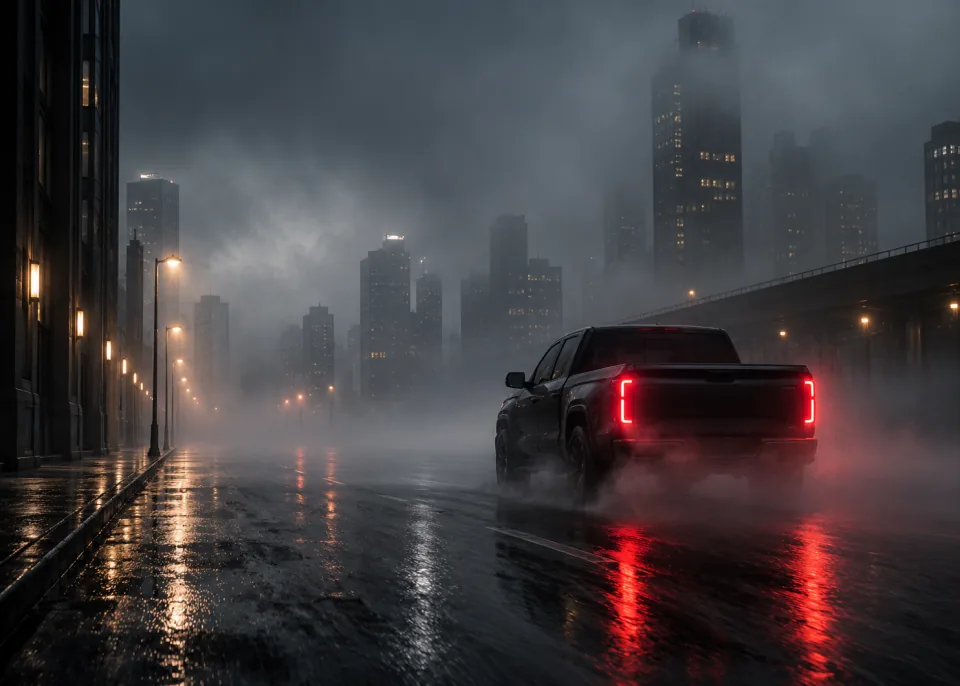 Taillights in Fog: Red taillights of a pickup disappearing into fog on an empty city street.