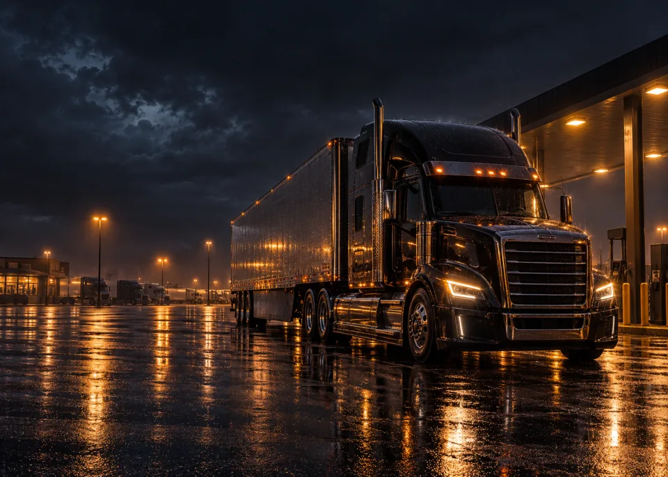 Truck Stop: A long-haul semi truck at a truck stop at night, chrome catching sodium lights, light rain.