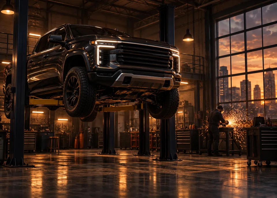 Workshop Lift: A modern pickup raised on a workshop lift, sparks from a grinder in the background, warm tungsten light.