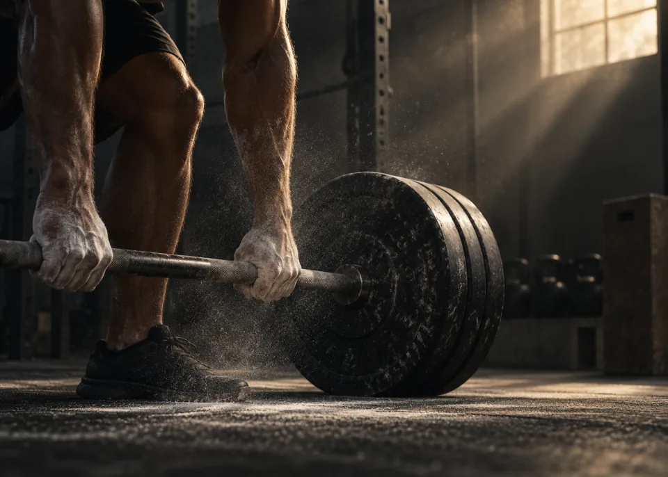 Chalked Grip: Chalked hands gripping a knurled barbell, chalk dust floating in a beam of light.