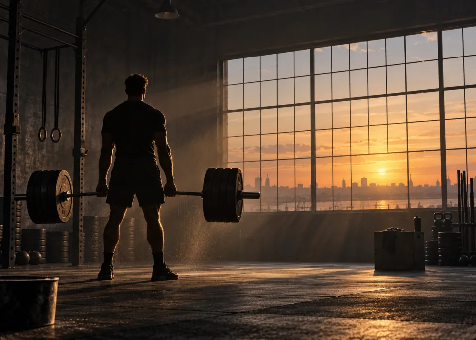 Dawn Deadlift: An athlete in silhouette at the top of a deadlift, backlit by a large industrial window at dawn.