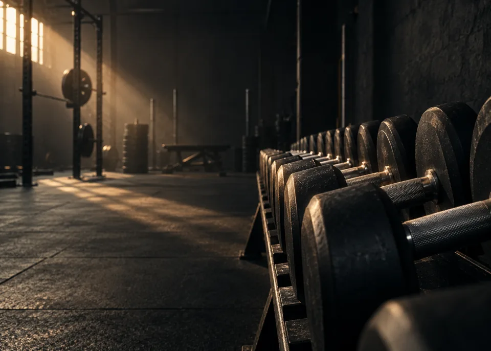 Dumbbell Row: A row of matte black dumbbells on a rack receding into darkness, rim light along the handles.