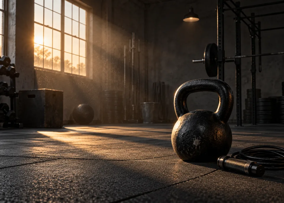 Kettlebell Morning: A kettlebell on rubber flooring beside a coiled jump rope, early-morning window light.