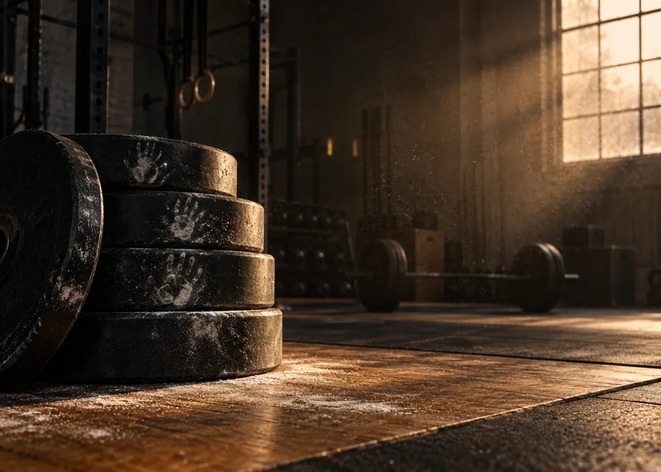 Plate Stack: Iron plates stacked on a wooden lifting platform, chalk handprints, warm side light.