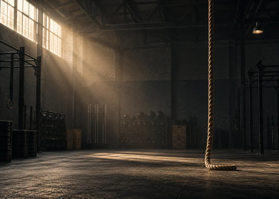 Rope Climb: A climbing rope hanging from a high ceiling in an empty warehouse gym, dust in the light.