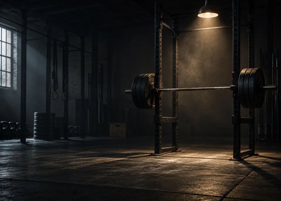 Squat Rack: A loaded barbell resting in an empty squat rack under a single overhead light, the gym dark around it.