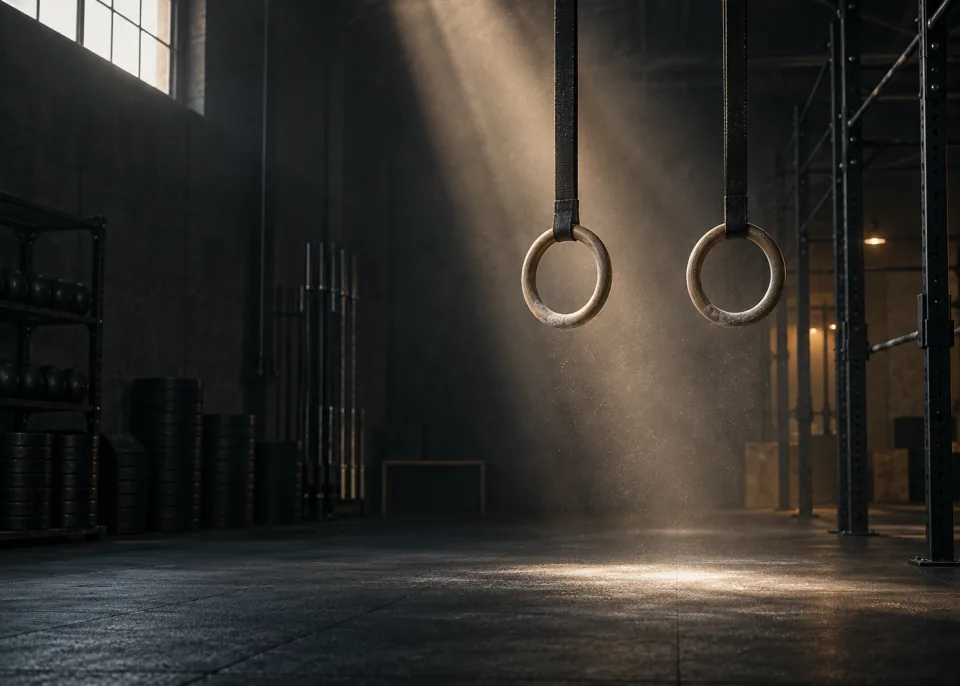 Still Rings: Gymnastic rings hanging still in a dark gym, a single shaft of light falling between them.
