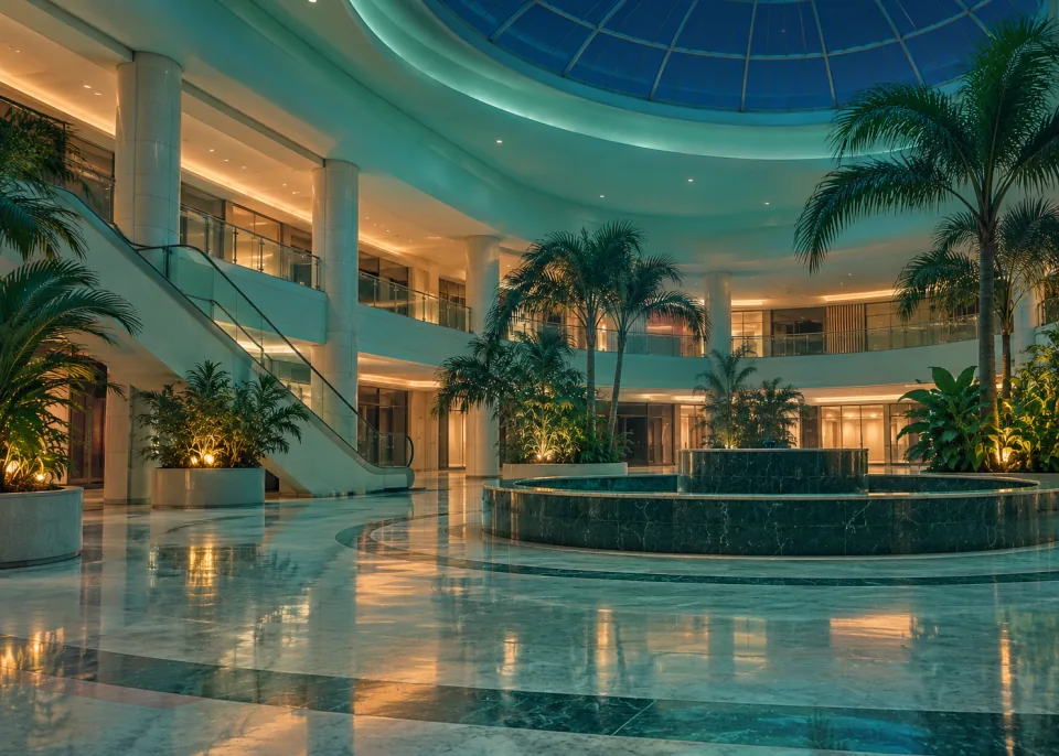 Closed Mall: An empty shopping mall atrium at night, the fountain switched off, soft teal light and potted palms.