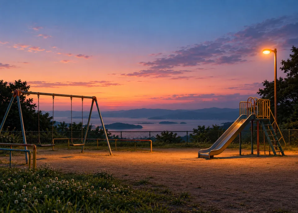Dusk Playground: A playground at dusk under a single sodium streetlight, the slide and swings still, pastel sky.