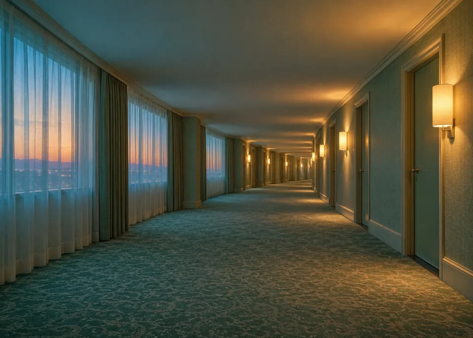 Hotel Corridor: A long carpeted hotel corridor with plain doors and warm dim wall lamps, nobody there.