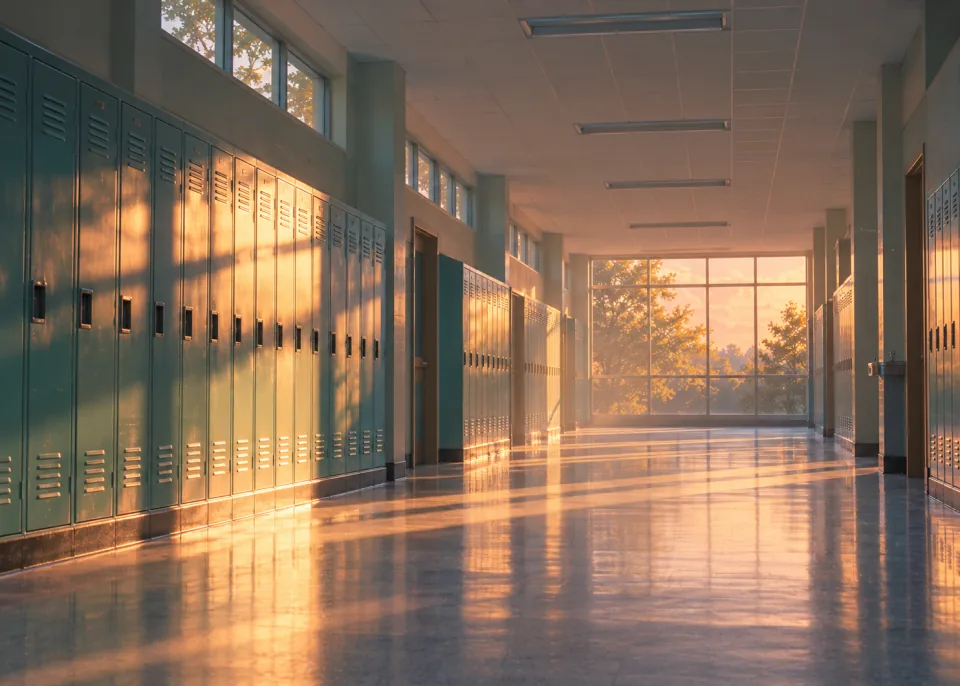 Locker Hall: A school hallway with rows of lockers in late afternoon sun, dust in the air, nobody there.