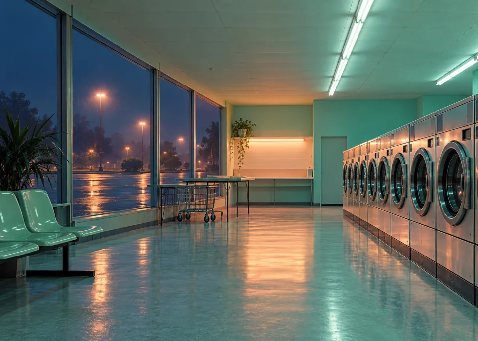 Night Laundromat: An empty laundromat in the middle of the night, a row of washing machines under fluorescent light.