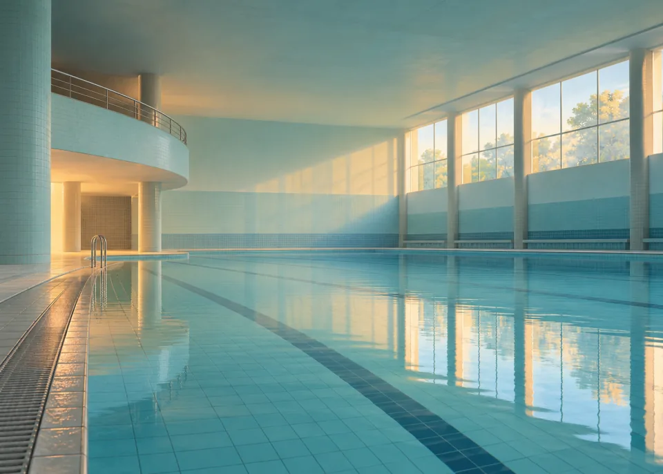 Tiled Pool: An empty indoor swimming pool with pale blue tiles, still water and soft daylight from high windows.