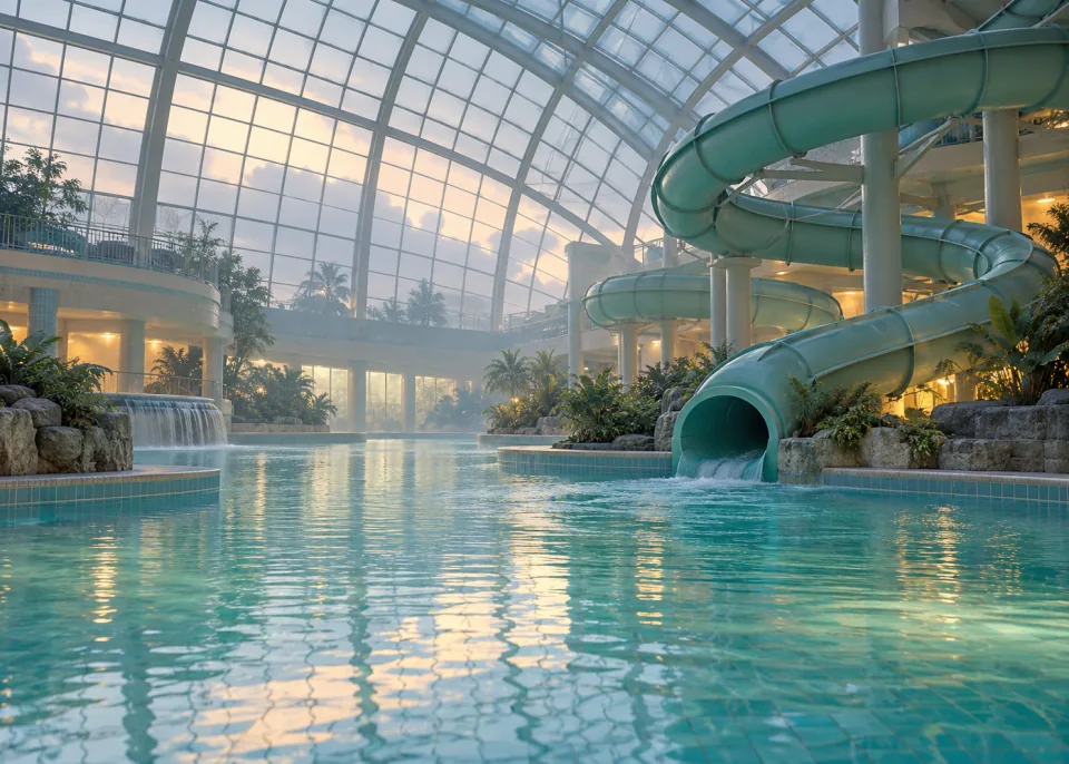 Waterslide: A twisting waterslide tube in an empty indoor water park, soft overcast light through a glass roof.
