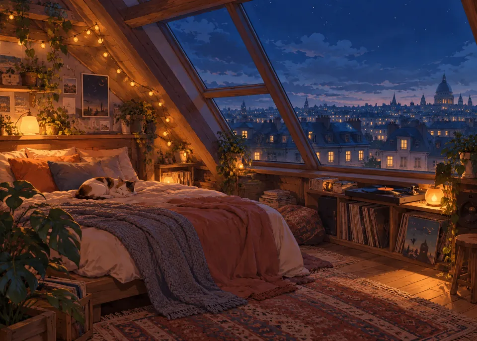 Attic Records: A tiny attic bedroom with string lights, a record player and stacked records, a cat curled on the bed.