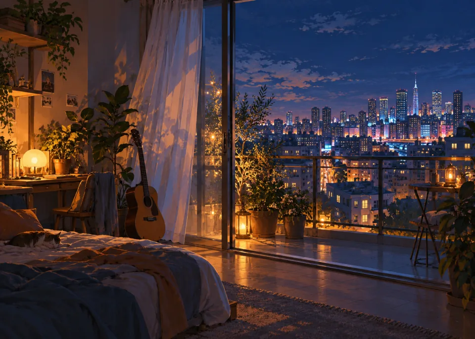 Balcony Door: A rooftop balcony door open onto neon city night, curtains moving, a guitar leaning on the wall.