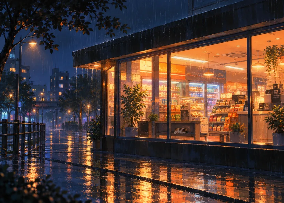 Corner Store: A late-night convenience store seen through its window from a rainy street, warm interior glow.