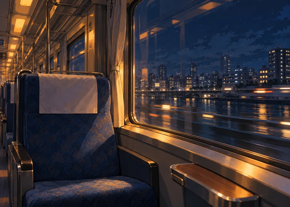 Night Train: A train carriage at night, an empty seat by the window, city lights streaking past, soft interior light.