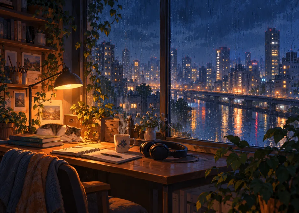 Rainy Desk: A small desk by a rain-streaked window at night, a warm lamp, headphones, steaming mug, city lights blurred outside.