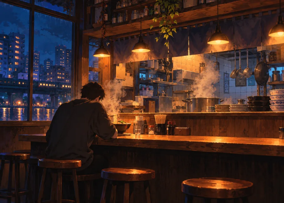Ramen Counter: A ramen counter late at night, steam rising, a single customer seen from behind.