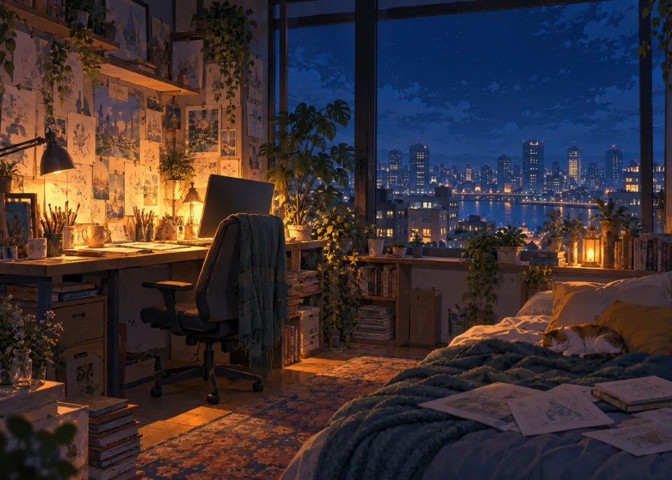 Sketch Room: A cluttered artist's room with sketches pinned to the wall, a glowing monitor turned away, plants on the sill.