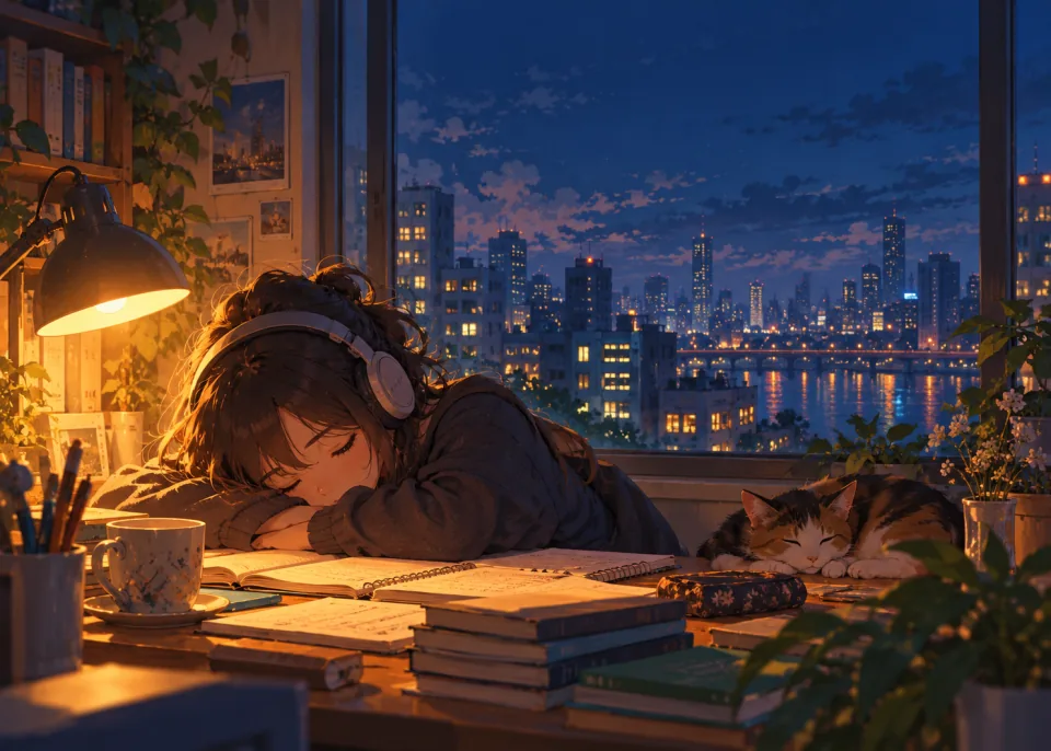 Study Nap: A girl with headphones asleep on her desk among notebooks, warm lamp, blue city night through the window.