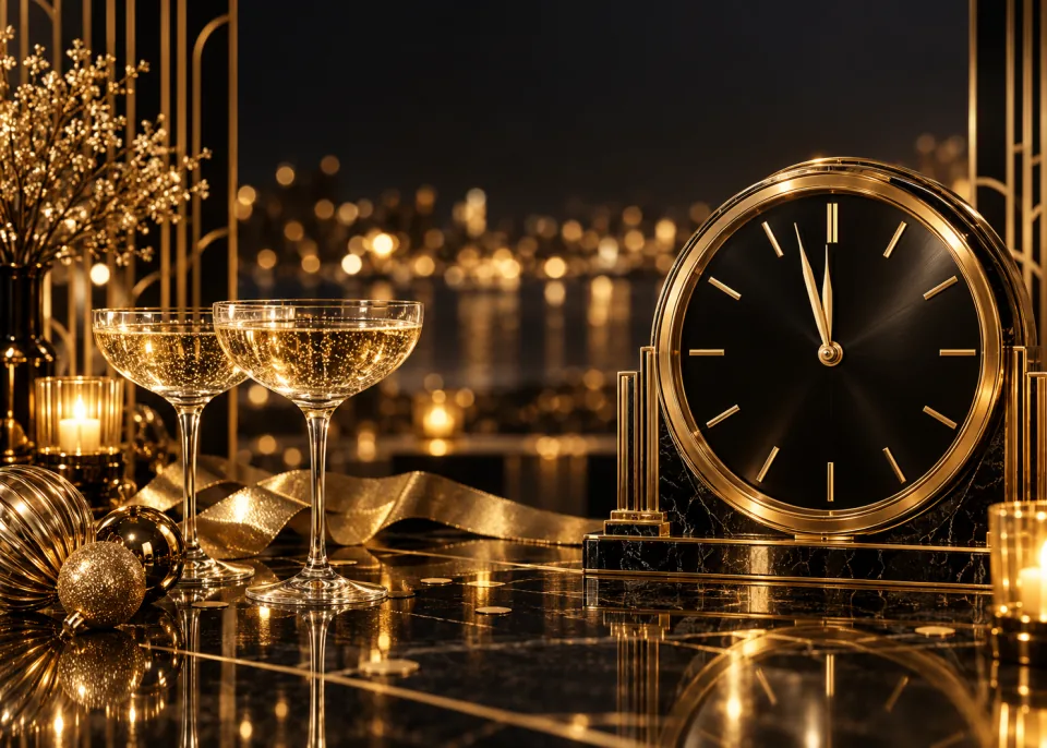 Almost Midnight: A vintage gold clock face with plain bar markers and no numerals, both hands just before midnight, black background.
