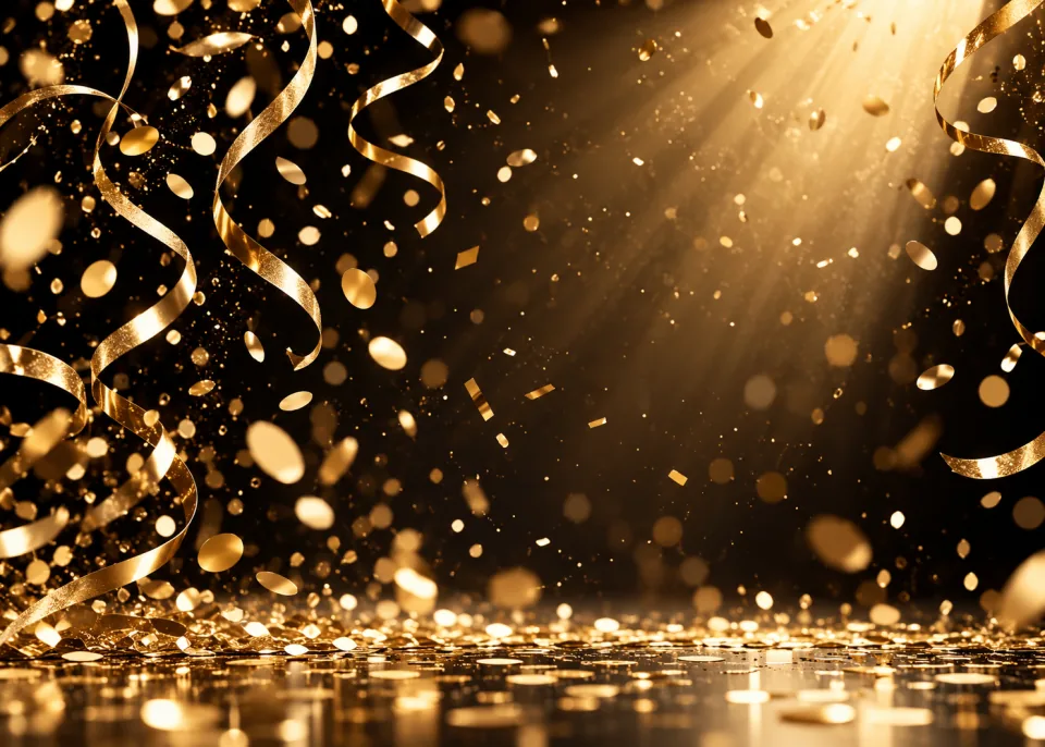 Confetti Fall: Gold confetti and thin streamers falling through a beam of warm light against deep black.