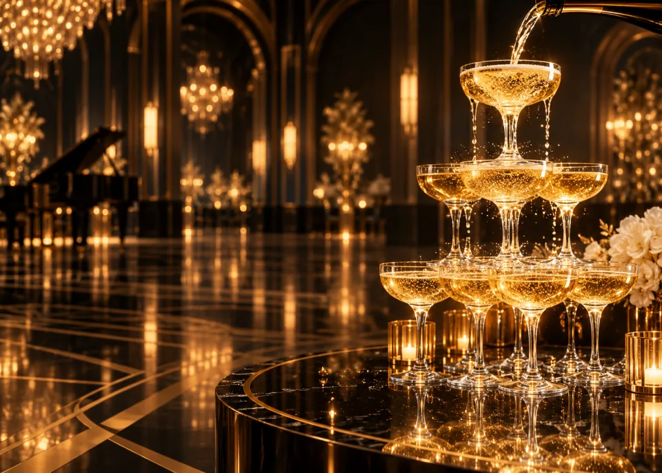 Coupe Tower: A tower of champagne coupes glowing under warm light in an empty, dark ballroom, gold bokeh behind.