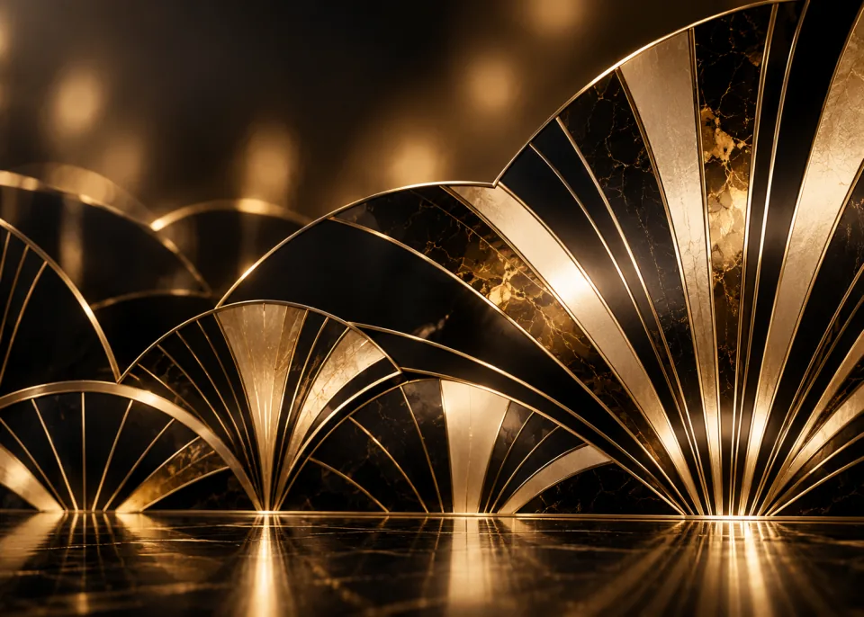 Deco Fan: An art-deco sunburst fan pattern in fine gold lines inlaid in glossy black lacquer, soft raking light.