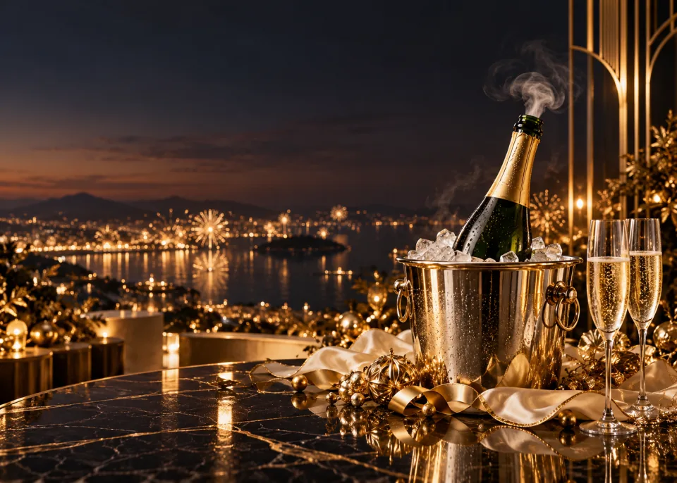 First Pop: An unlabelled champagne bottle in a silver ice bucket, the cork just popped, a wisp of mist curling from the neck.
