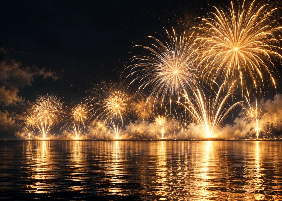 River Fireworks: Golden fireworks bursting high over a dark river, their trails reflected in the water, no buildings in focus.