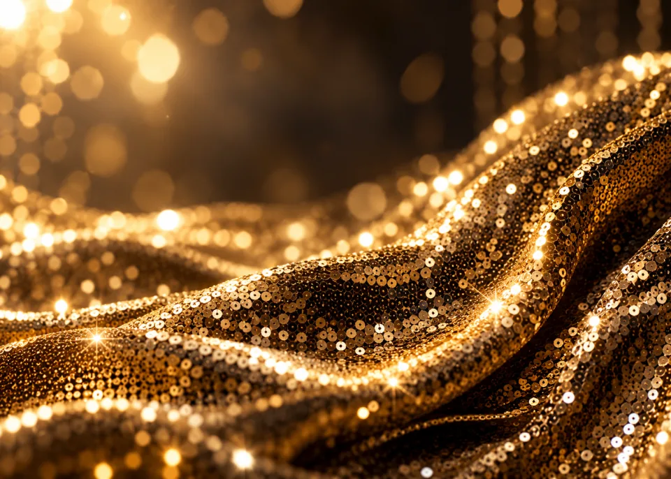 Sequins: Macro of gold sequined fabric rippling, sparkling highlights and soft bokeh.