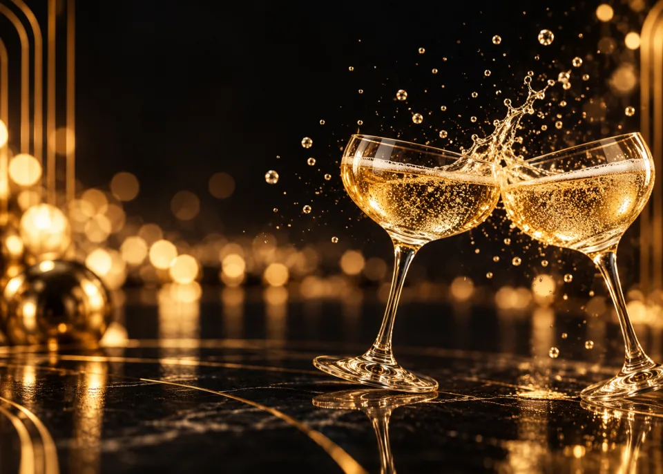 The Toast: Two champagne coupes clinking, golden droplets frozen in the air, black background with gold bokeh.