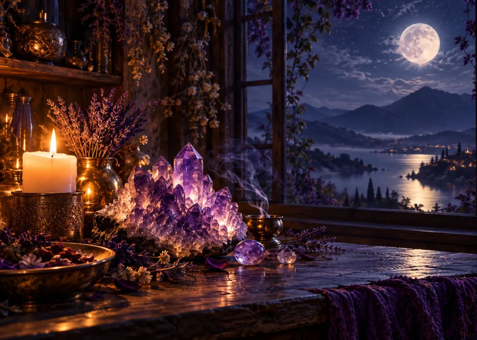 Amethyst: An amethyst crystal cluster glowing on a dark wooden table beside a lit candle, moonlight through a window.