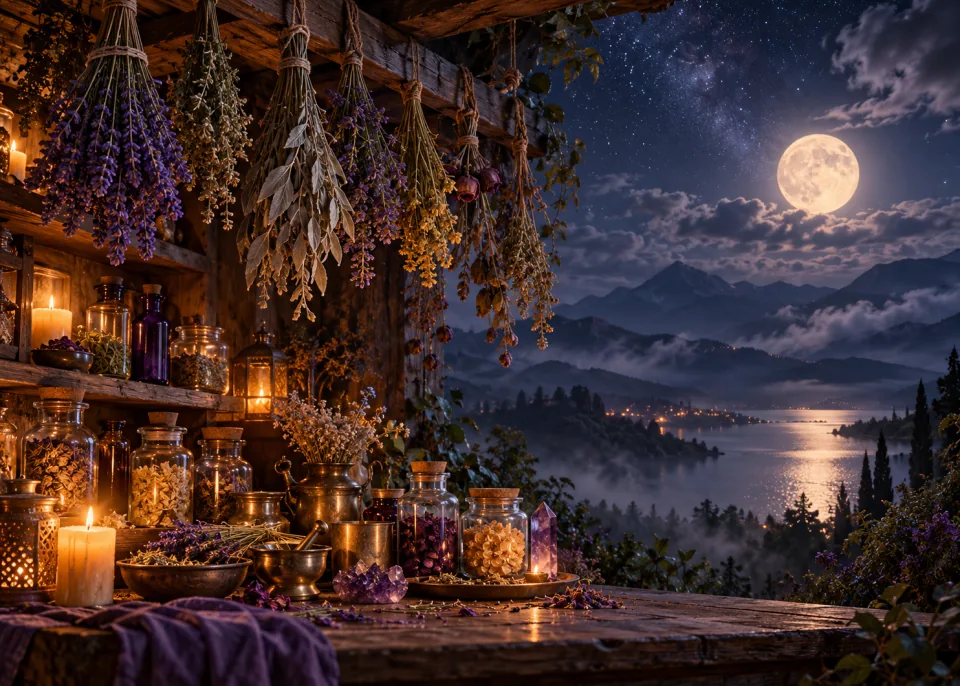 Apothecary: Dried lavender and herbs hanging from a beam above a shelf of unlabelled glass apothecary bottles.