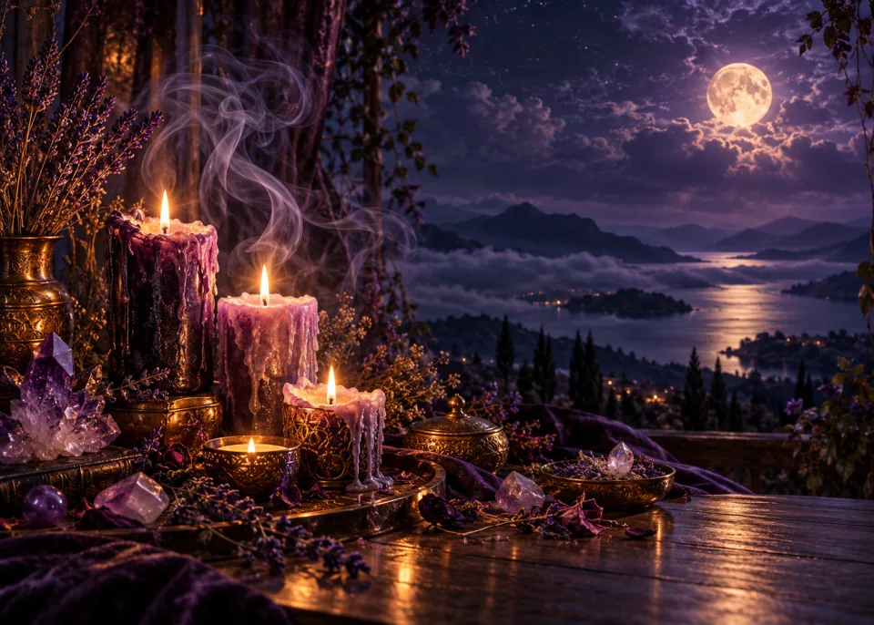 Candle Smoke: Candles melting on a dark table, wisps of smoke curling upward through deep purple light.