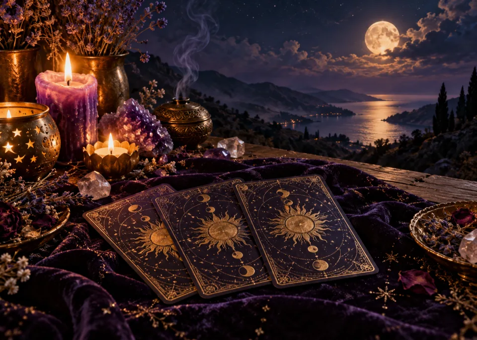 Card Spread: Three cards fanned face down on dark velvet, their backs decorated with gold sun and moon motifs, candlelight.