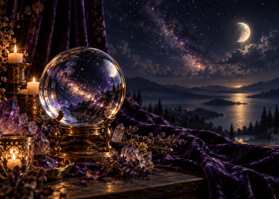 Crystal Ball: A glass crystal ball on a brass stand reflecting a starry sky, dark velvet backdrop.