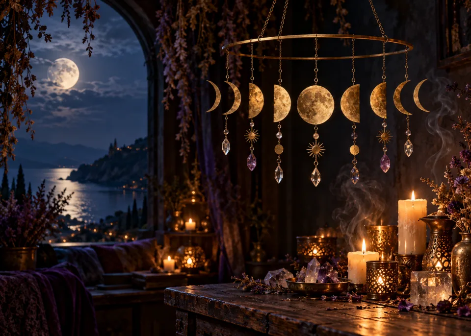 Moon Phases: A brass moon-phase mobile hanging in a dark room, lit by candles below.