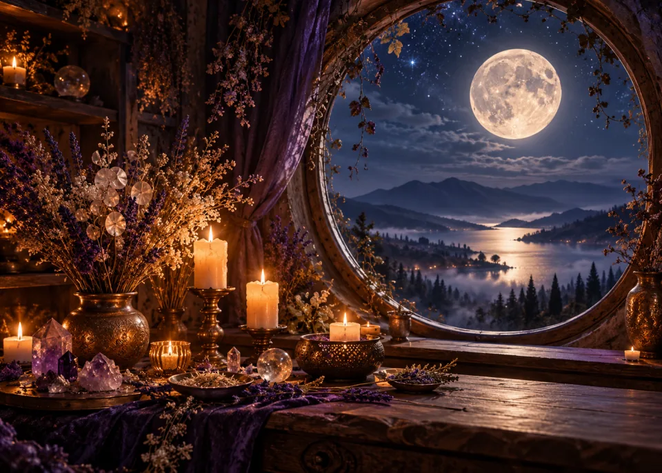 Moon Window: A full moon seen through a round window above a small altar of candles and dried flowers.